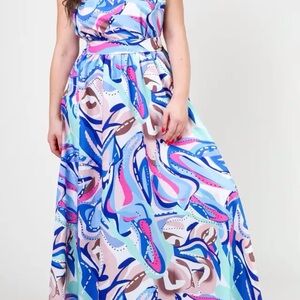 Multi-Colored Maxi Dress Bow At Neck Loose Swing